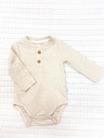 Baby Boys Heather Oatmeal Knit Long Sleeve 2-Button Henley Bodysuit