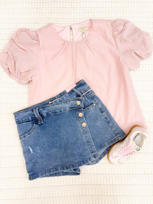Youth Girls Seersucker Textured Puff Sleeve Top