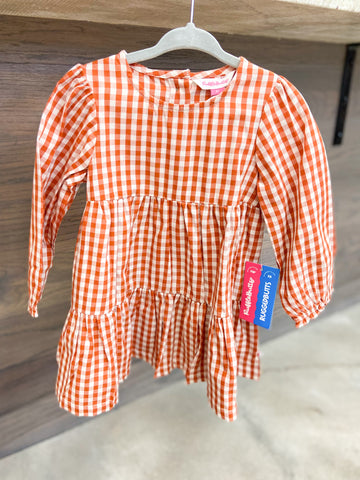 Toddler Girls Rust Gingham Woven Long Sleeve Tiered Dress