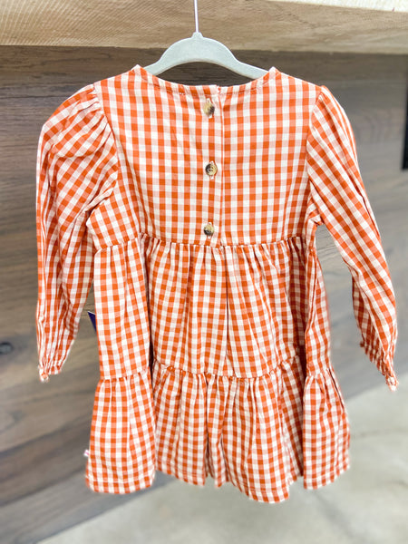 Toddler Girls Rust Gingham Woven Long Sleeve Tiered Dress