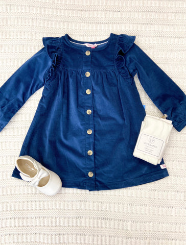 Toddler Girls Navy Corduroy Ruffle Detail Dress