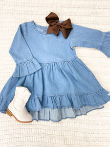 Girls Light Wash Denim High Low Ruffle Tunic Top