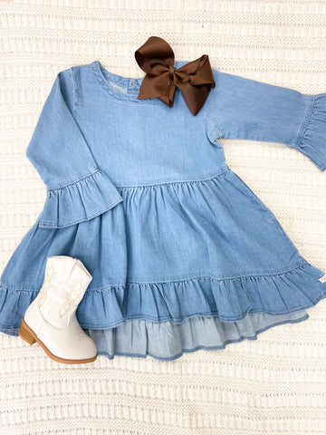 Girls Light Wash Denim High Low Ruffle Tunic Top