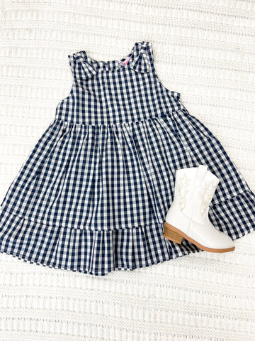 Toddler Girls Navy Gingham Woven Bow Jumper Dress