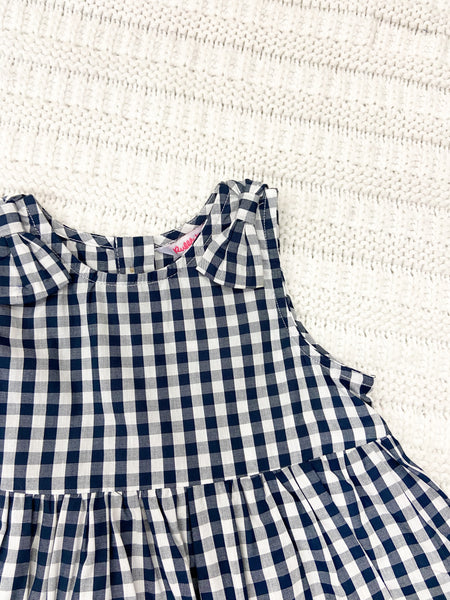 Toddler Girls Navy Gingham Woven Bow Jumper Dress