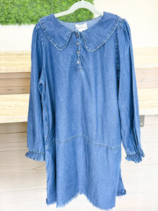 Youth Girls Peter Pan Collared Cinch Cuff Chambray Dress