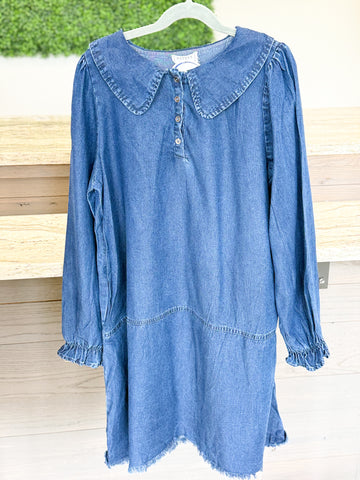 Youth Girls Peter Pan Collared Cinch Cuff Chambray Dress
