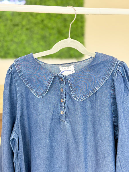 Youth Girls Peter Pan Collared Cinch Cuff Chambray Dress