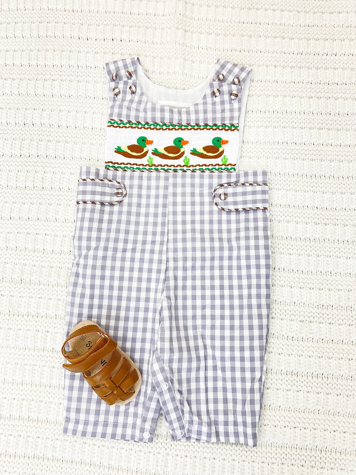 Gray Gingham Mallard Smocked Overalls