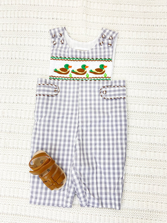 Gray Gingham Mallard Smocked Overalls