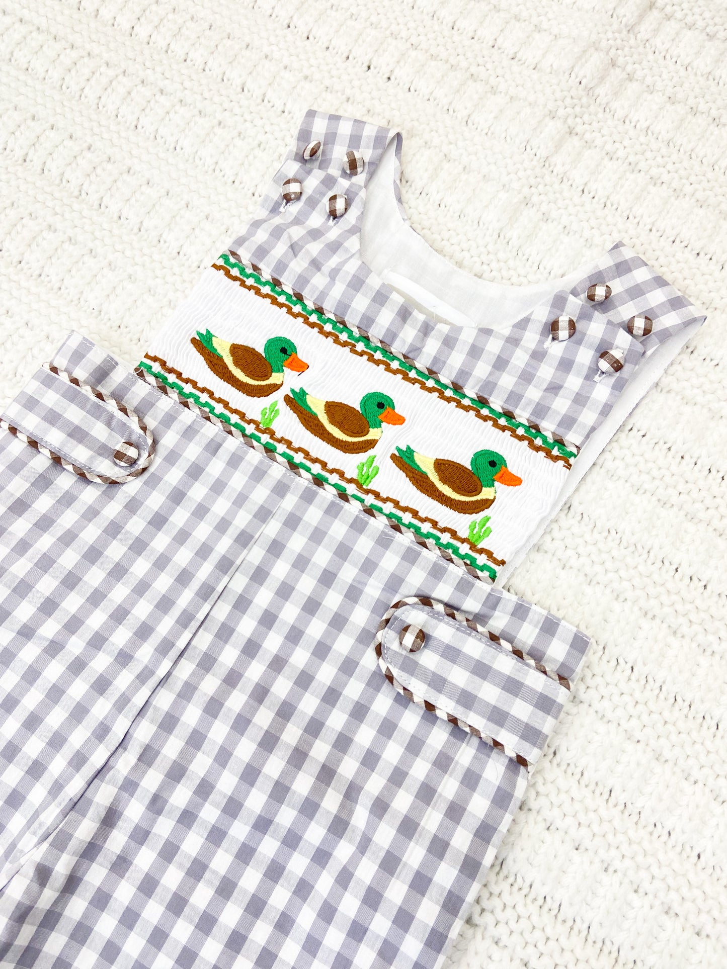 Gray Gingham Mallard Smocked Overalls