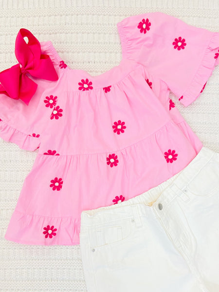 Embroidered Daisy Square Neck Top