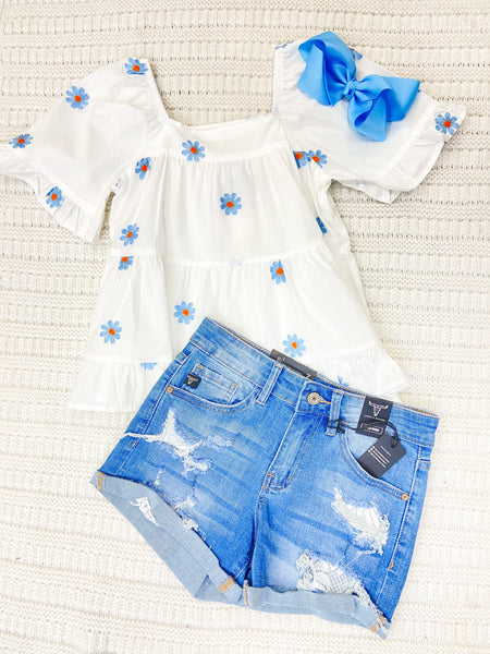 Embroidered Daisy Square Neck Top