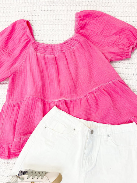 Youth Girls Washed Smocked Detail Puff Sleeve Top