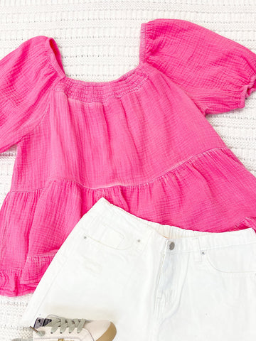 Youth Girls Washed Smocked Detail Puff Sleeve Top
