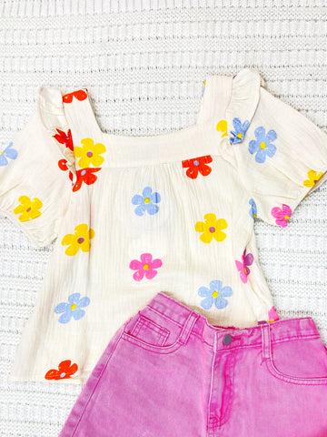 Youth Girls Floral Gauze Textured Square Neck Top