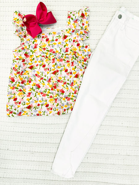 Youth Girls Textured Floral Print Ruffle Sleeve Tank Top