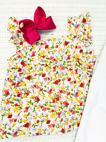 Youth Girls Textured Floral Print Ruffle Sleeve Tank Top