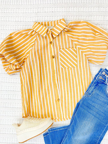 Youth Girls Striped Puff Sleeve Button Up Poplin Top