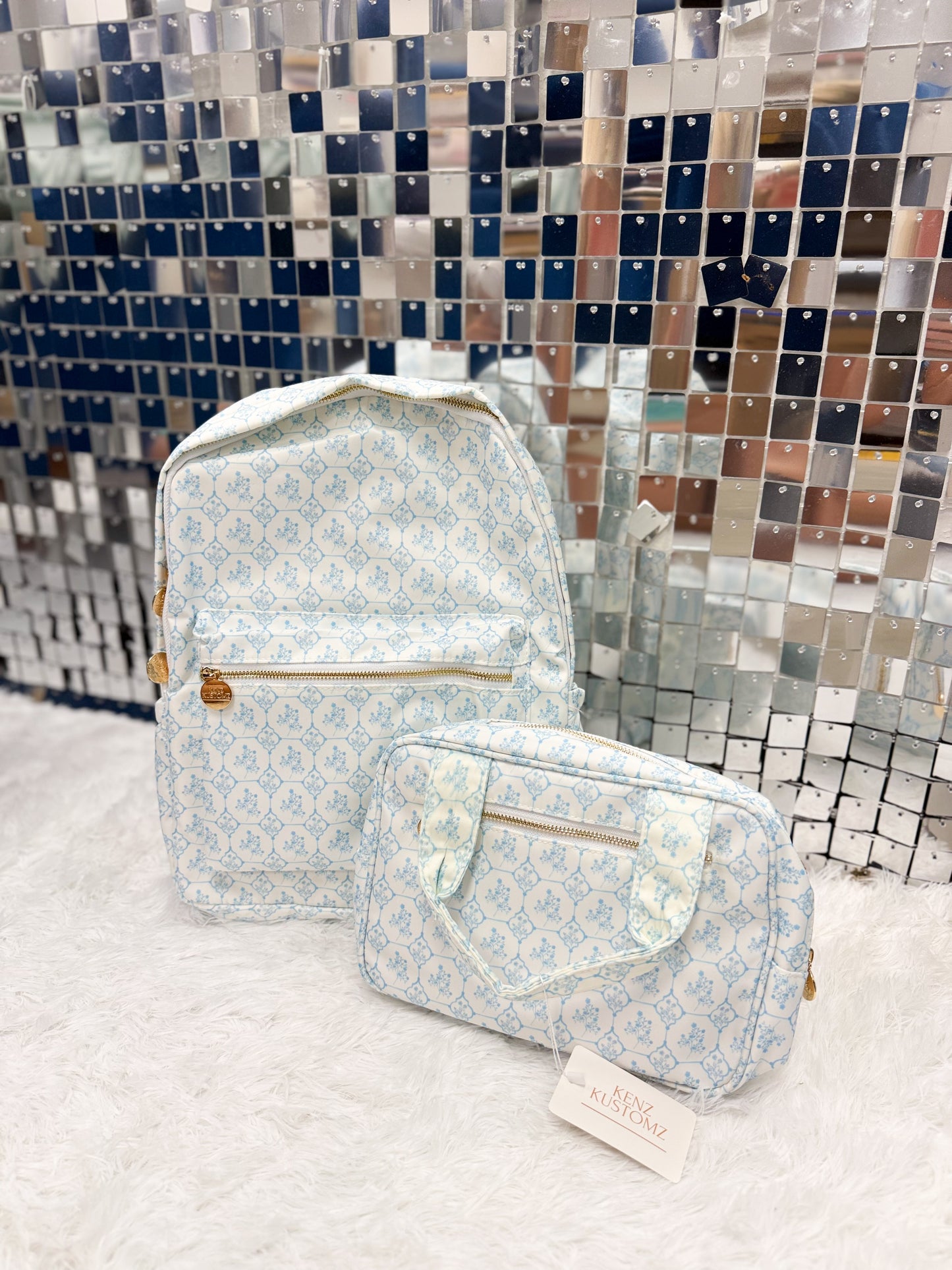 Blue Toile Backpack + Lunchbox