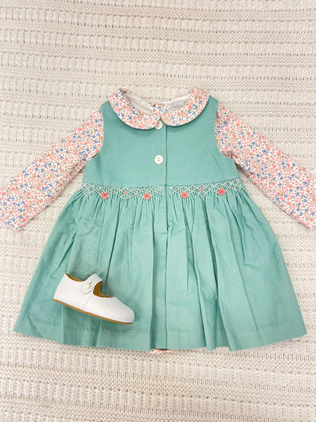 Baby Girls Light Green Corduroy Dress + Floral Onesie