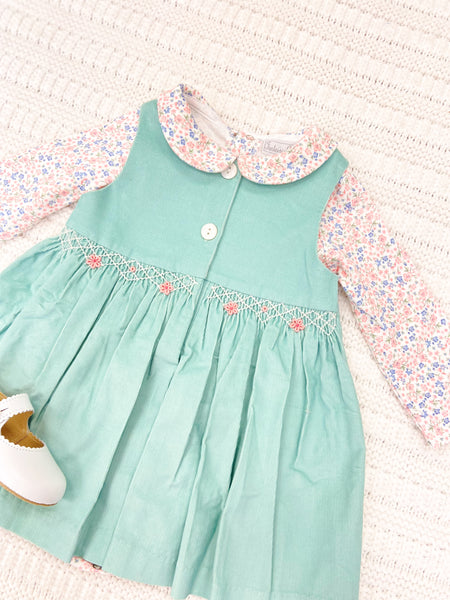 Baby Girls Light Green Corduroy Dress + Floral Onesie