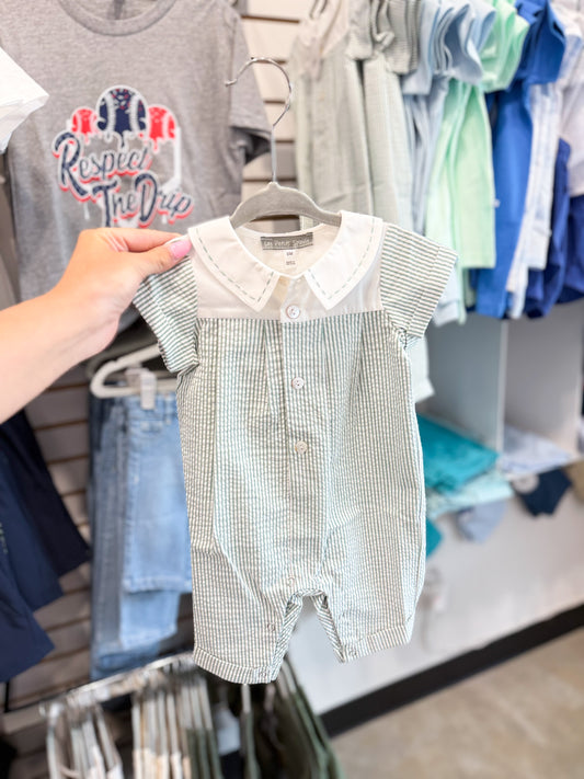 Baby Boys Green & White Stitched Collar Romper