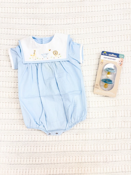 Infant Boy Bubble Romper with Hand Embroidered Animals