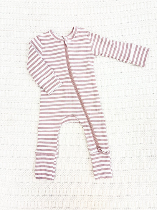 Infant Girl Violet Stripe Ribbed 2-Way Zip Romper