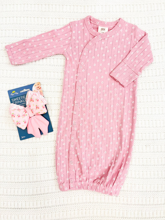Infant Girl Pink Flower Organic Pointelle Gown
