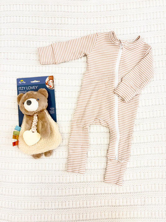 Infant Boy Tan Stripe Ribbed 2-Way Zip Romper