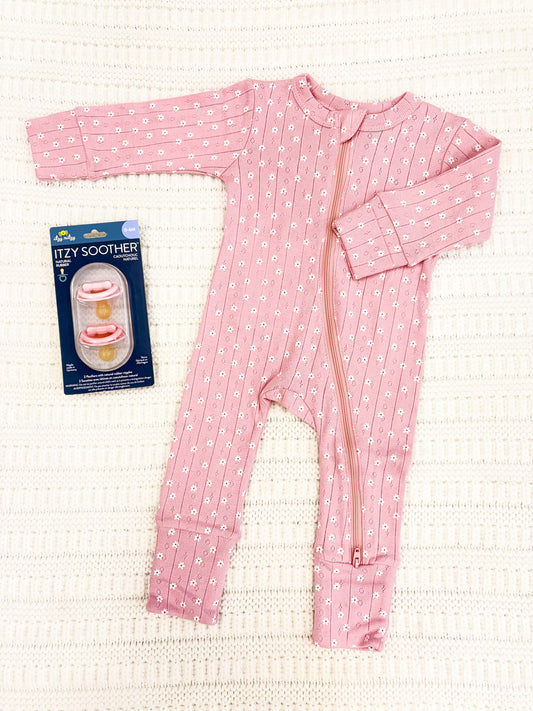 Infant Girl Pink Flower Organic Pointelle 2-Way Zip Romper