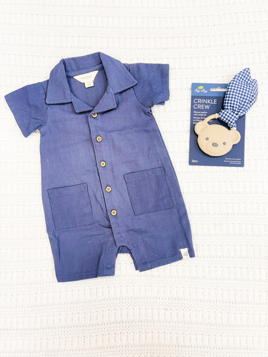 Infant Boy Check Gauze Short Sleeve Romper