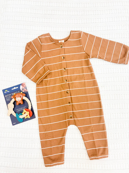 Infant Boy Saddle Stripe Organic Ribbed Long Sleeve Romper