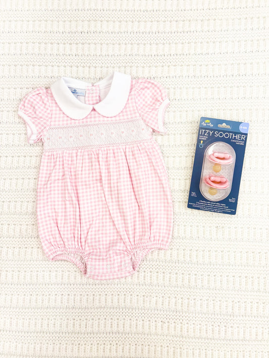 Infant Girl Gingham Smocked Collared Bubble Romper