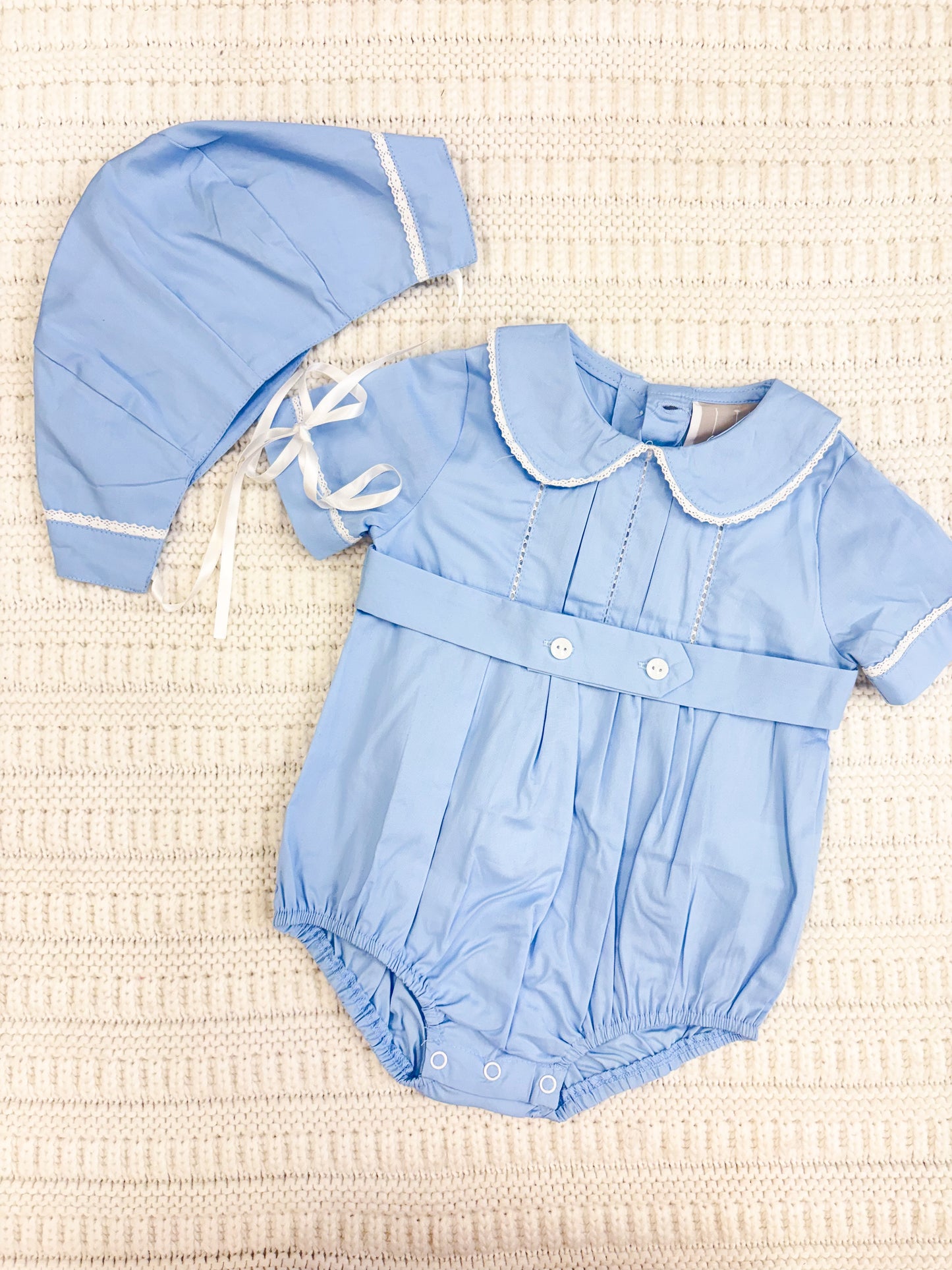 Infant Light Blue Collared Button Romper With Bonnet