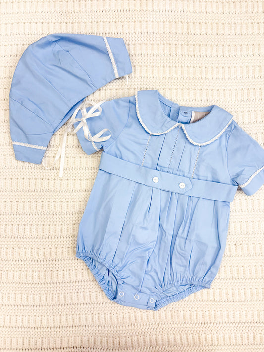 Infant Light Blue Collared Button Romper With Bonnet