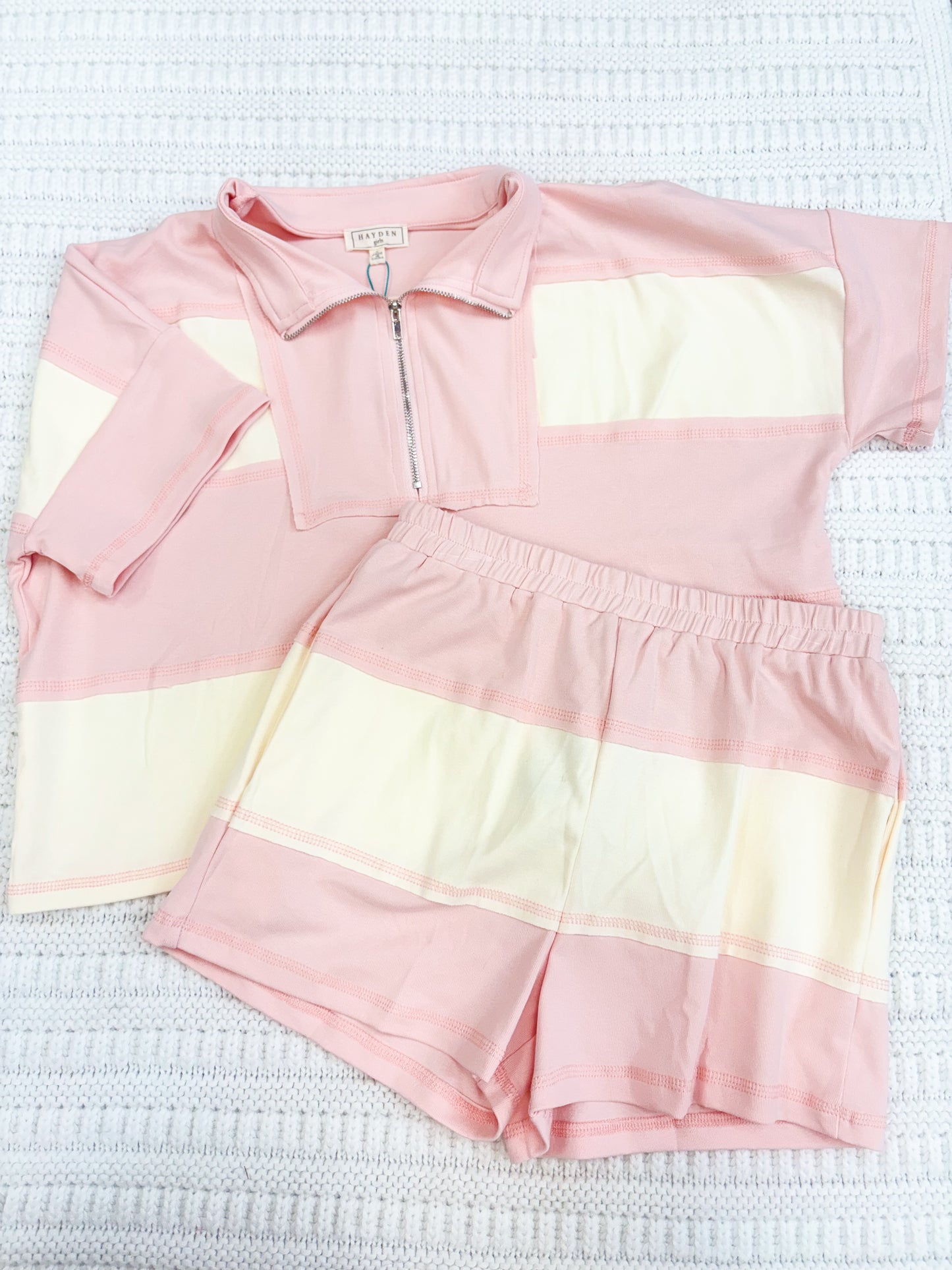 Youth Girls Color Block Stripe Half Zip And Shorts Set