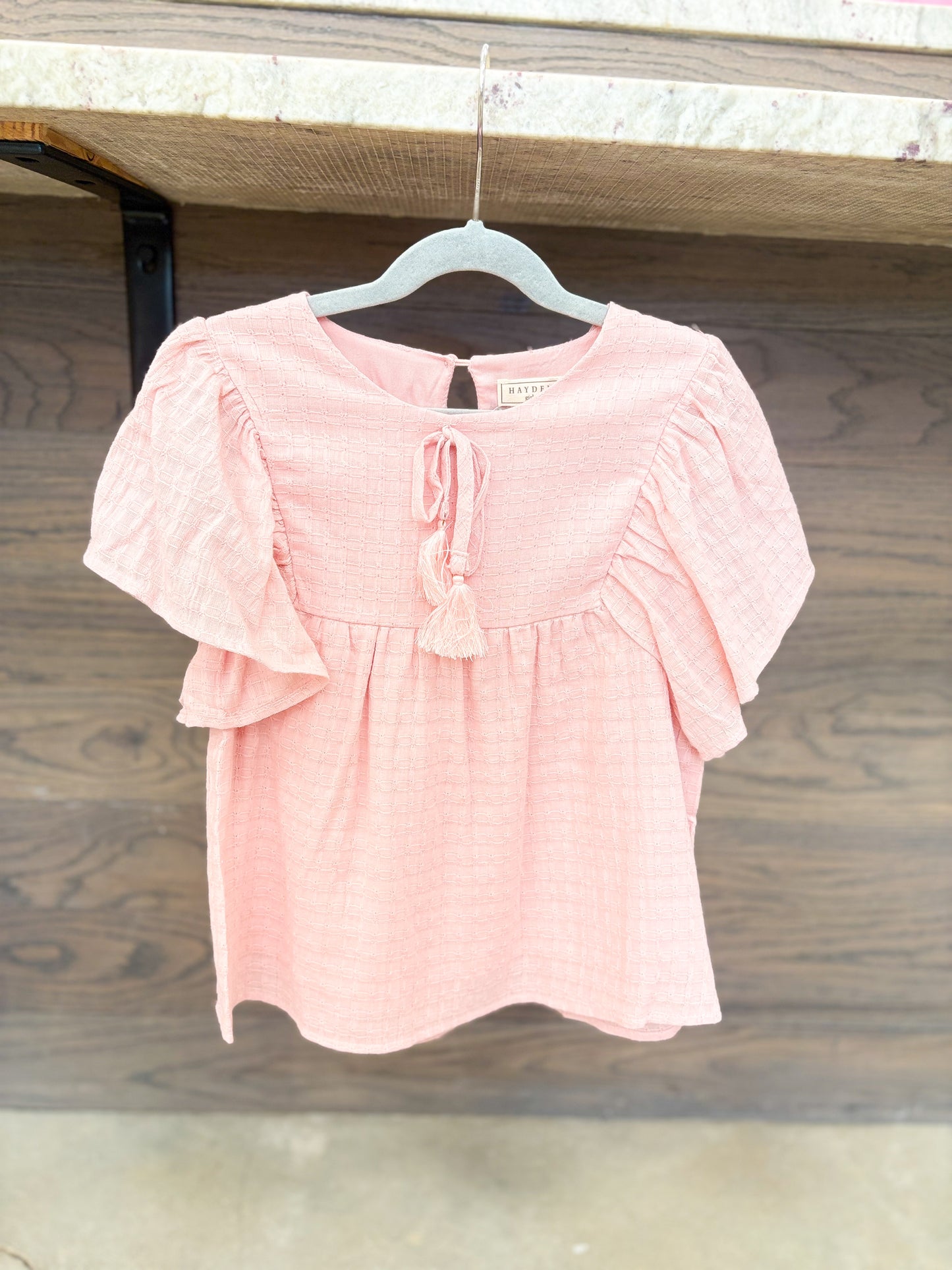 Youth Girls Flutter Sleeve Tassel Detail Textured Top