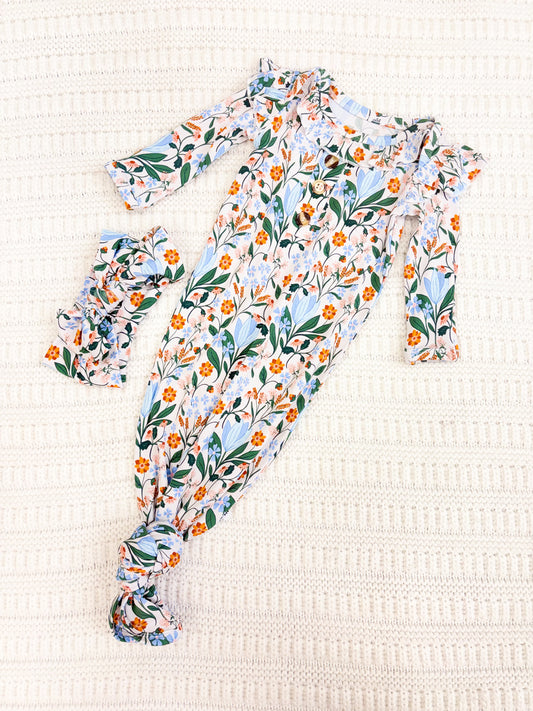 Infant Girl Eleanor Bamboo Knotted Gown and Bow
