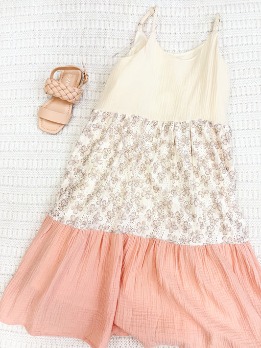 Youth Girls Color Block Floral Detail Textured Dress