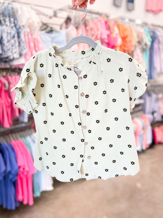 Youth Girl Textured Floral Print Ruffle Collar Top