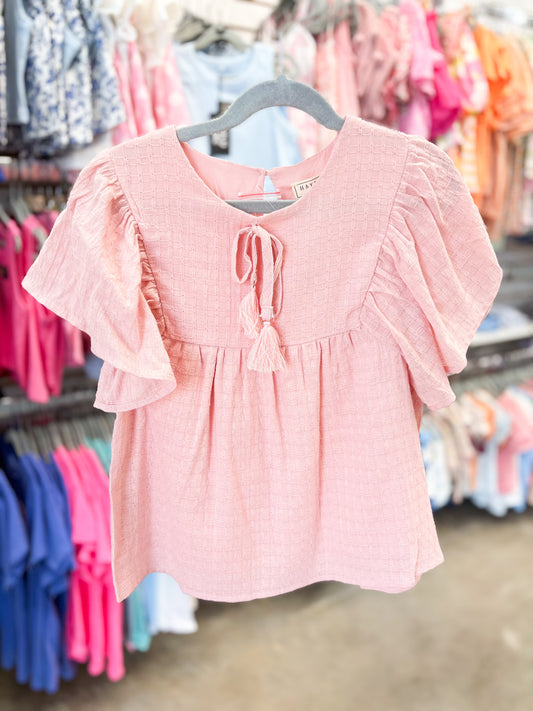 Youth Girls Flutter Sleeve Tassel Detail Textured Top