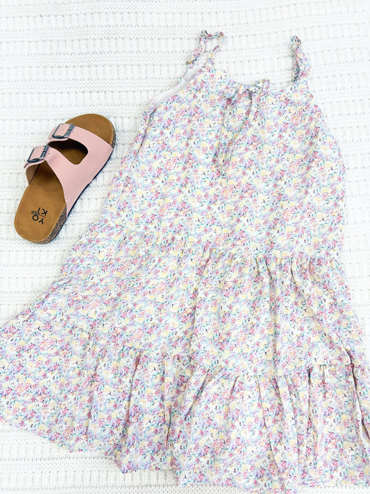 Youth Girls Floral Pastel Tiered Tie Front Tank Dress