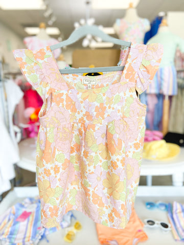 Girls Textured Floral Button Back Ruffle Tank