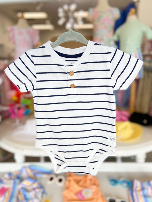 Baby Boys White & Navy Stripe Short Sleeve Henley Bodysuit