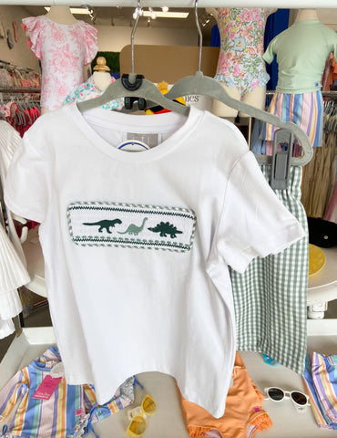 White Dinosaur Smocked Tee and Green Gingham Shorts Set