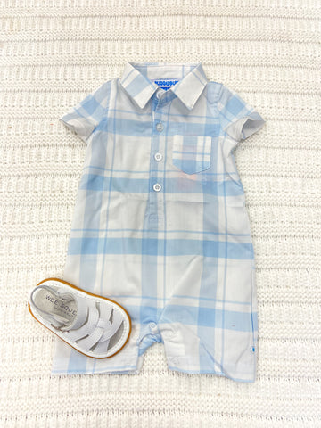 Baby Boys Light Blue Windowpane Button-Up Romper
