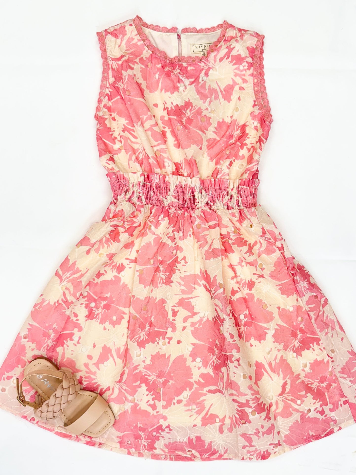 Girls Floral Print Smocked Waist Lace Dress