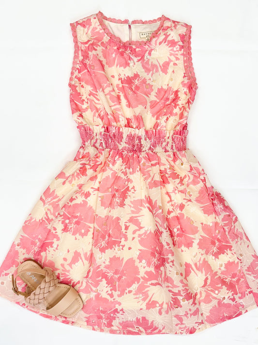 Girls Floral Print Smocked Waist Lace Dress